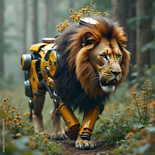 A lion with a metallic mane, roaming through a forest where plants and machinery have merged together