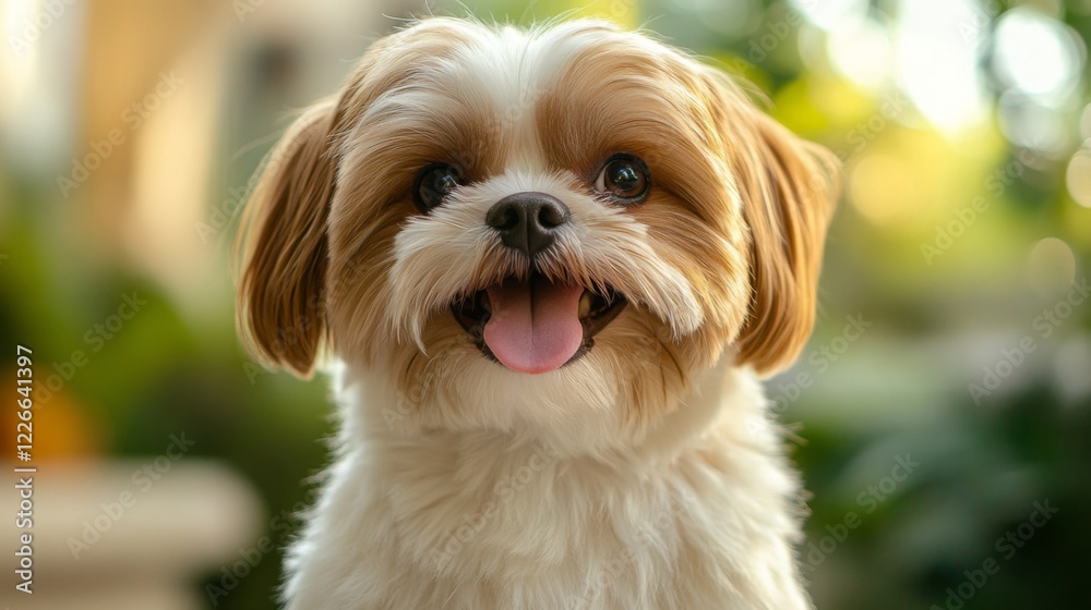 Detailed shot of a small dog with a cheerful demeanor, sitting with its tongue out and eyes sparkling, emphasizing its playful personality. Detailed shot of a small dog with a cheerful demeanor, sitting with its tongue out and eyes sparkling, emphasizing its playful personality.
