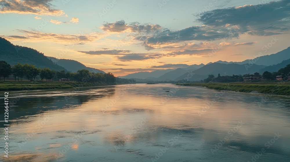 Fototapeta premium Serene sunset over river valley, tranquil landscape, idyllic scene, perfect for travel brochures