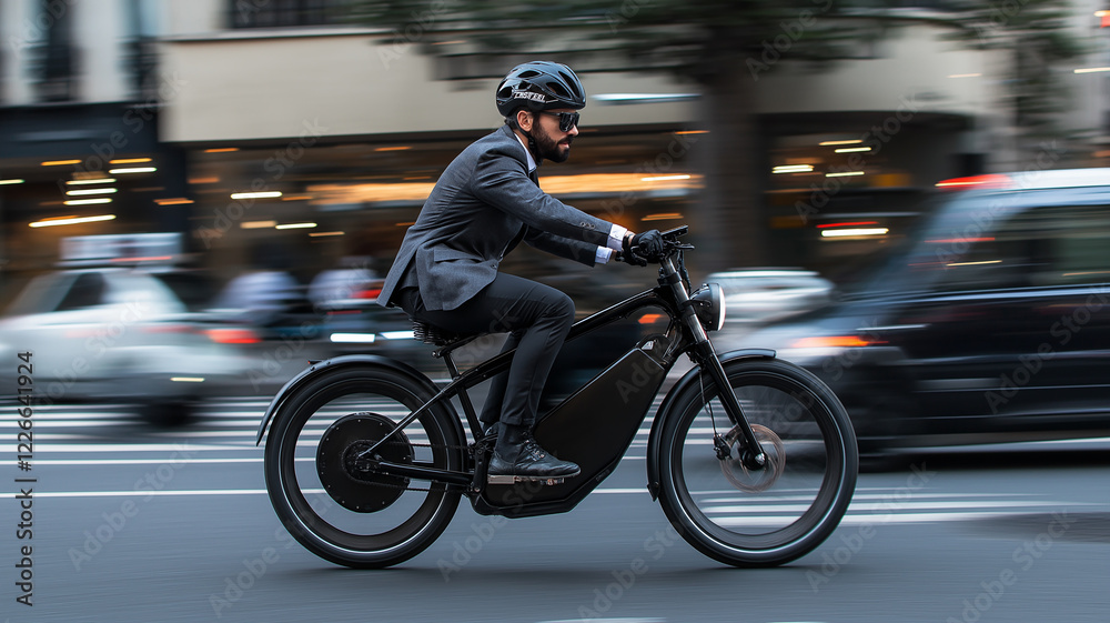 Businessman Riding Electric Bike Home from City in Suburban Setting
Businessman Riding Electric Bike Home from City in Suburban Setting