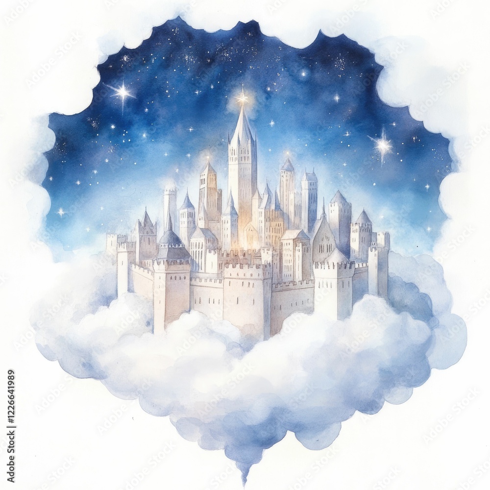 Obraz premium Enchanting Floating Watercolor Cityscape of Ethereal Castles Suspended in the Starry Night Sky A magical