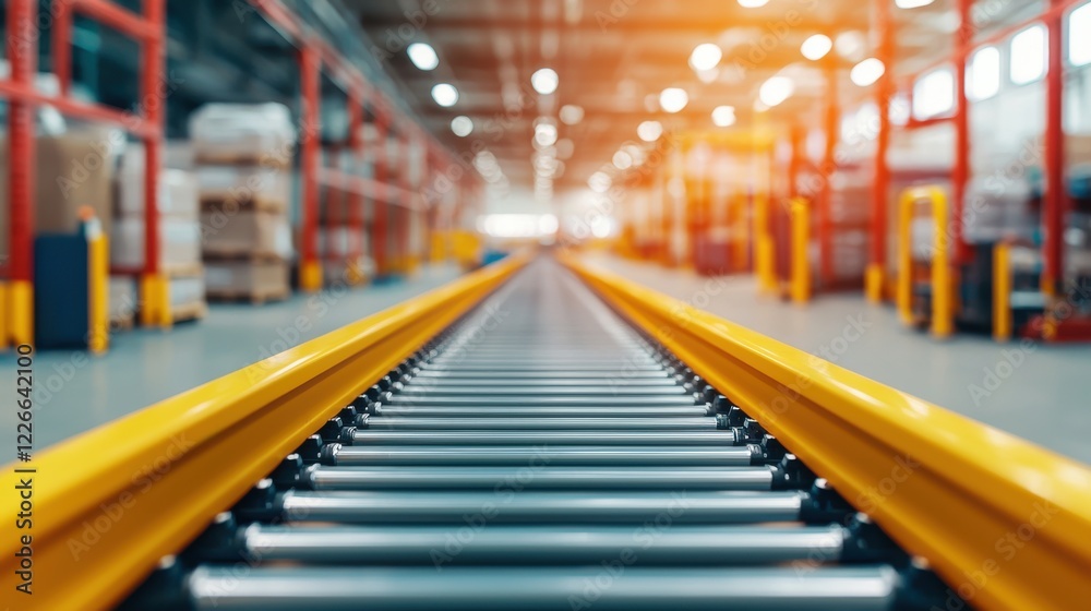 Fototapeta premium Supply Chain Optimization Logistics Operations concept. Automated Futuristic Warehouse with Glowing Robotic Machinery and Conveyor Belt System