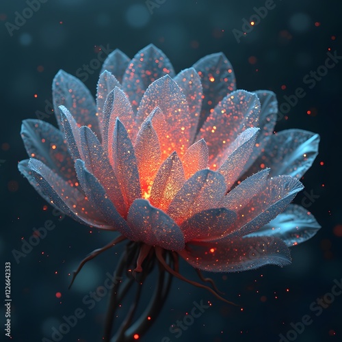 A flower blooming with petals made of shifting, iridescent code that slowly forms patterns of neural networks