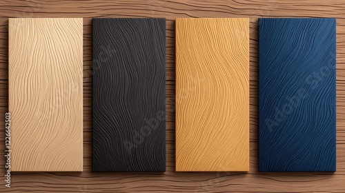 Four chocolate bars on wood background, product packaging design