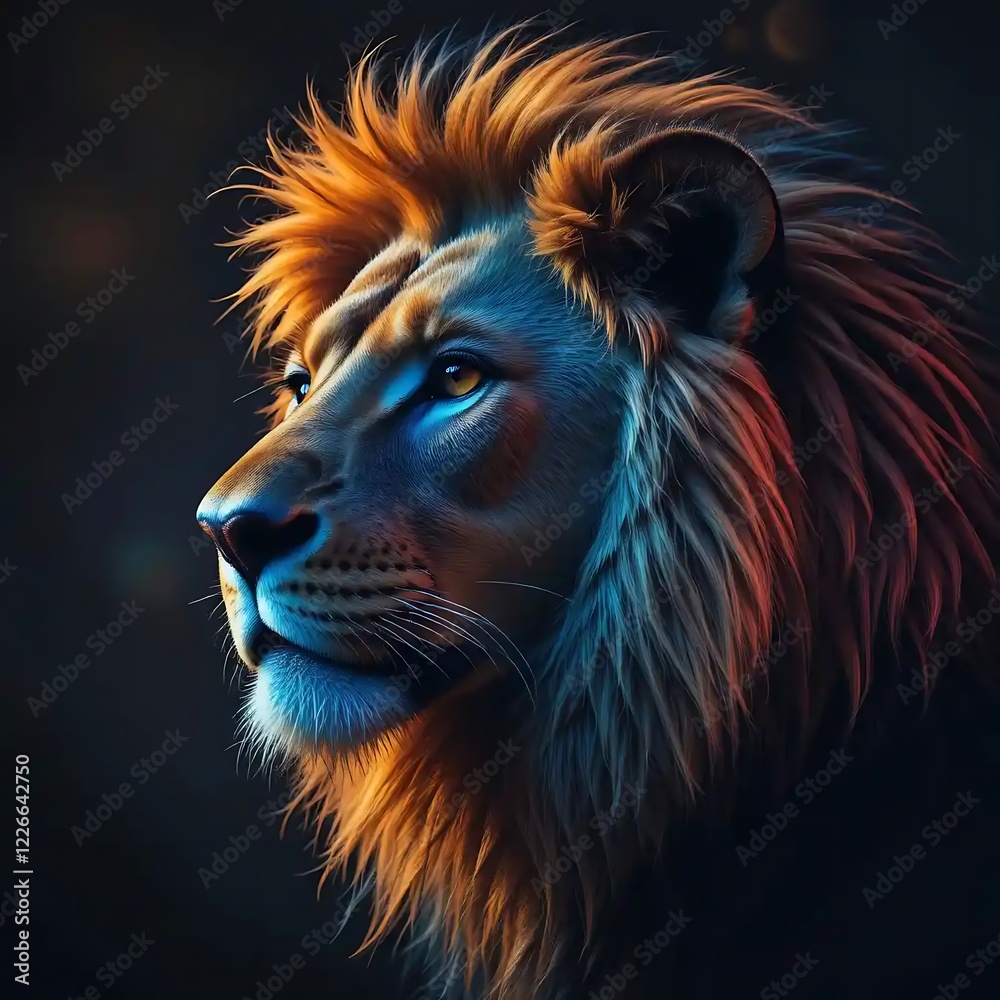 Naklejka premium Majestic Lion Portrait: Vibrant Hues and Dramatic Lighting