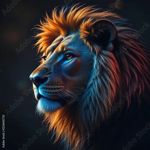 Majestic Lion Portrait: Vibrant Hues and Dramatic Lighting photo