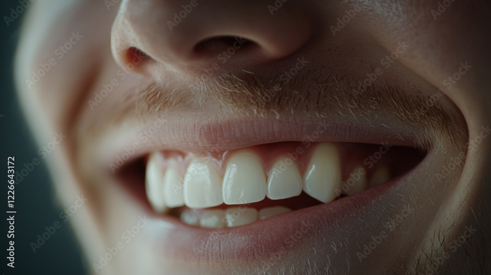 Obraz premium Detailed view of a man smiling with his teeth slightly showing, focusing on the pristine whiteness and smoothness of his teeth.
