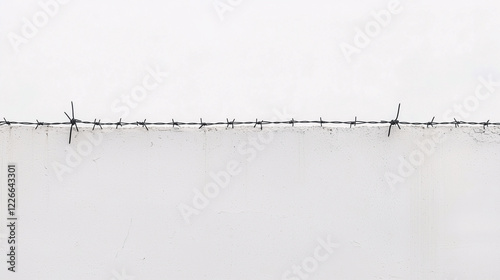 A single strand of barbed wire stretches across a white textured wall, creating a minimalist yet impactful contrast of security and simplicity.   photo