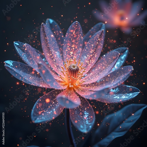 A flower blooming with petals made of shifting, iridescent code that slowly forms patterns of neural networks
