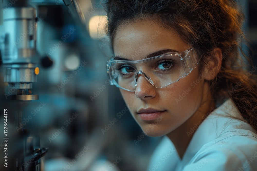 Young scientist conducting research in a laboratory setting with microscope in a well-equipped environment Young scientist conducting research in a laboratory setting with microscope in a well-equipped environment