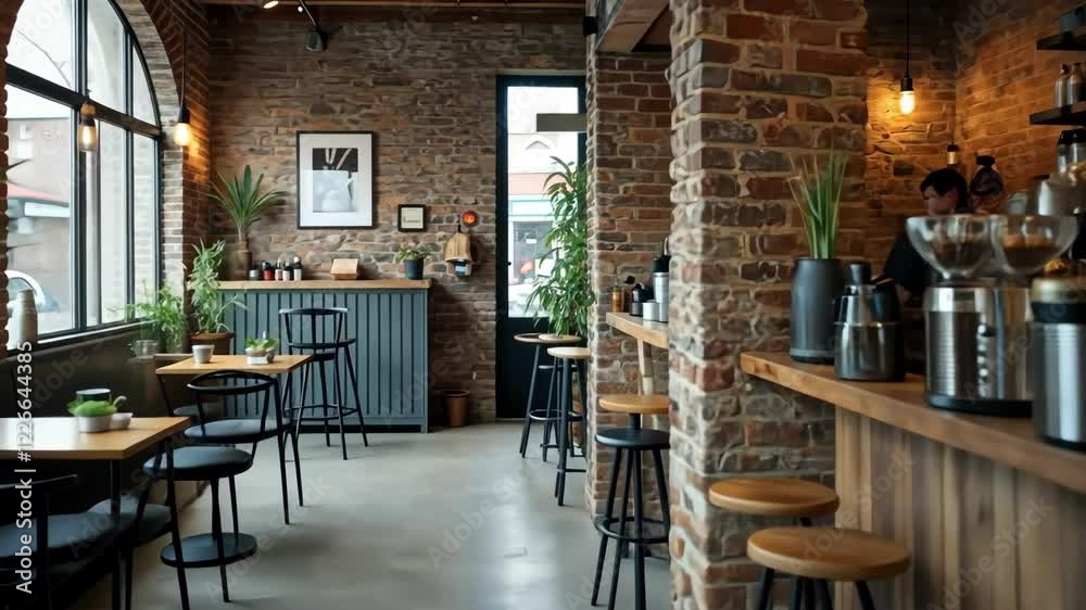 Cozy cafe interior with natural light and rustic decor