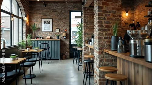 Cozy cafe interior with natural light and rustic decor