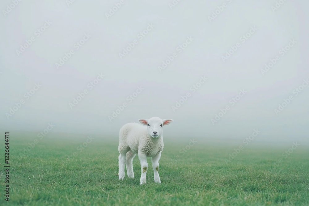Fototapeta premium A serene lamb stands in a foggy meadow, surrounded by lush green grass, evoking tranquility