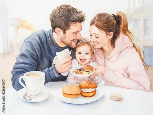 A vibrant and cozy watercolor painting depicting a family spending time together  sharing a meal at a food court after a shopping outing  The image conveys a sense of warmth  affection
