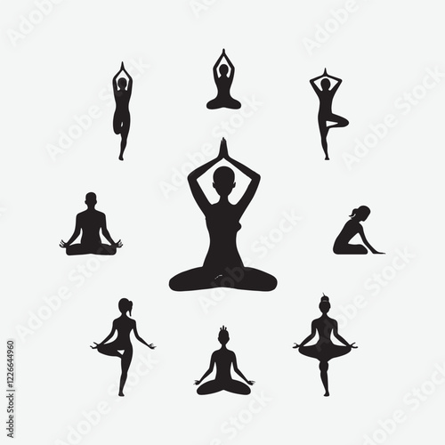 Discover beautifully crafted minimalist yoga and meditation pose silhouettes in black vector art on a white background. Perfect for wellness brands, fitness studios, and mindful living designs. 