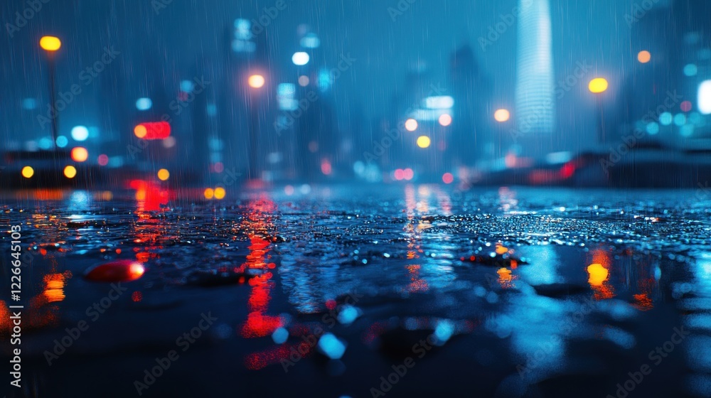 Fototapeta premium Rainy night city street reflections, urban background