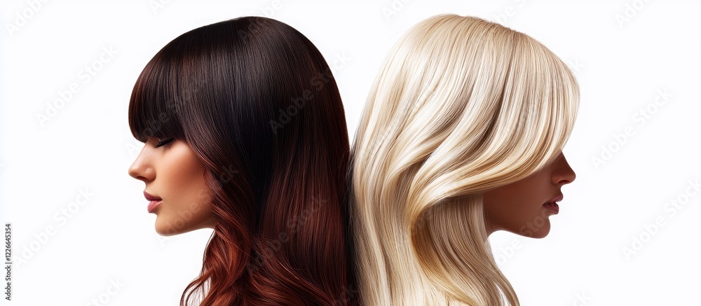 Brunette with bangs and long blonde hair elegantly positioned back to back against a clean white background for a striking beauty advertisement. Brunette with bangs and long blonde hair elegantly positioned back to back against a clean white background for a striking beauty advertisement.