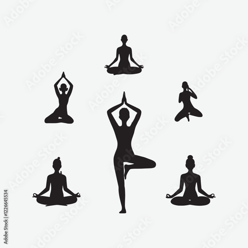 Discover beautifully crafted minimalist yoga and meditation pose silhouettes in black vector art on a white background. Perfect for wellness brands, fitness studios, and mindful living designs. 
