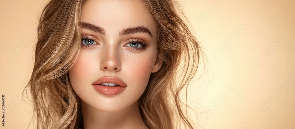Fototapeta premium Portrait of a young woman with wavy blonde hair and soft makeup against a warm golden background highlighting her serene expression and features.