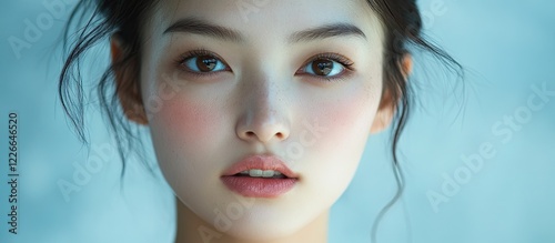 Young Asian woman with pale skin and soft features gazes sincerely at the camera, illuminated by soft blue light, emphasizing her natural beauty. photo