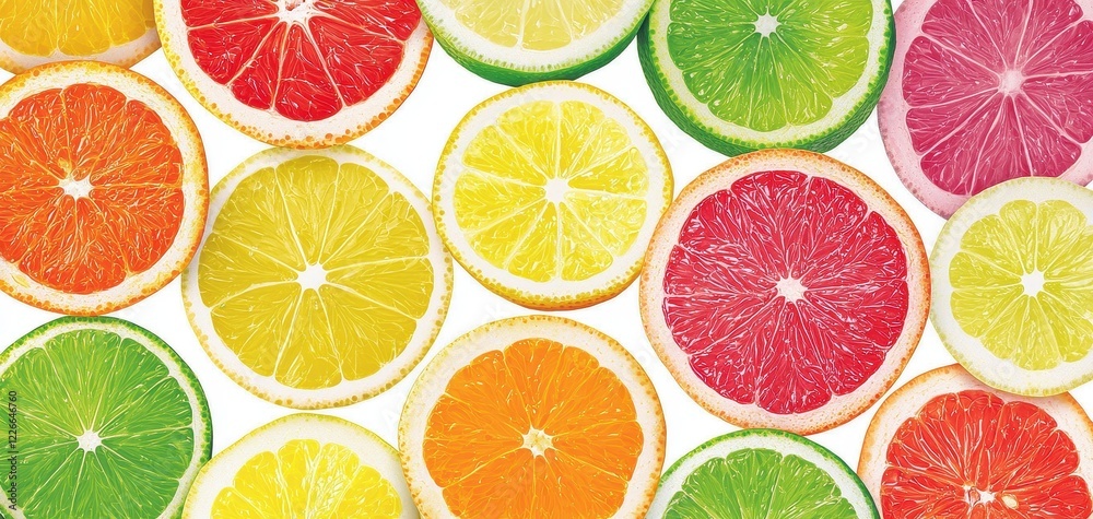 A vibrant assortment of citrus fruit slices, showcasing colorful lemons, limes, oranges, and grapefruits arranged neatly. A vibrant assortment of citrus fruit slices, showcasing colorful lemons, limes, oranges, and grapefruits arranged neatly.