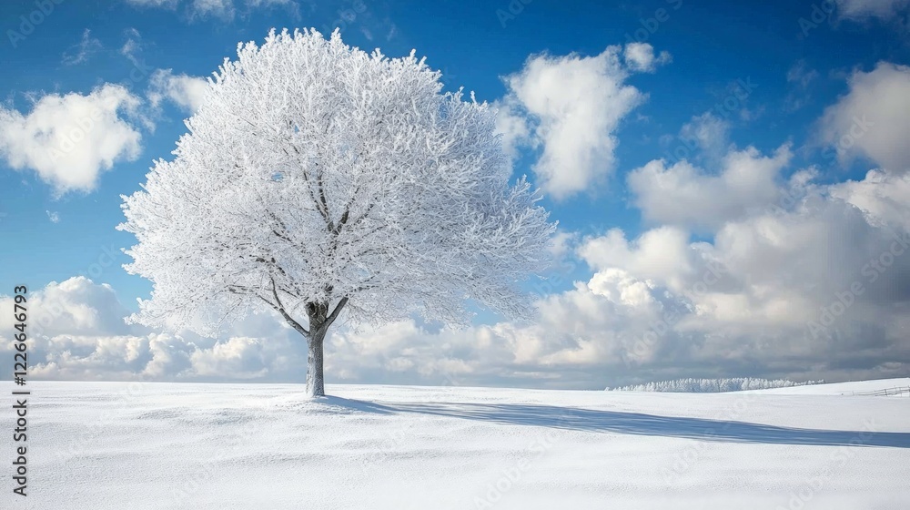Frosty Winter Landscape with a Solitary Tree Against Blue Sky Frosty Winter Landscape with a Solitary Tree Against Blue Sky