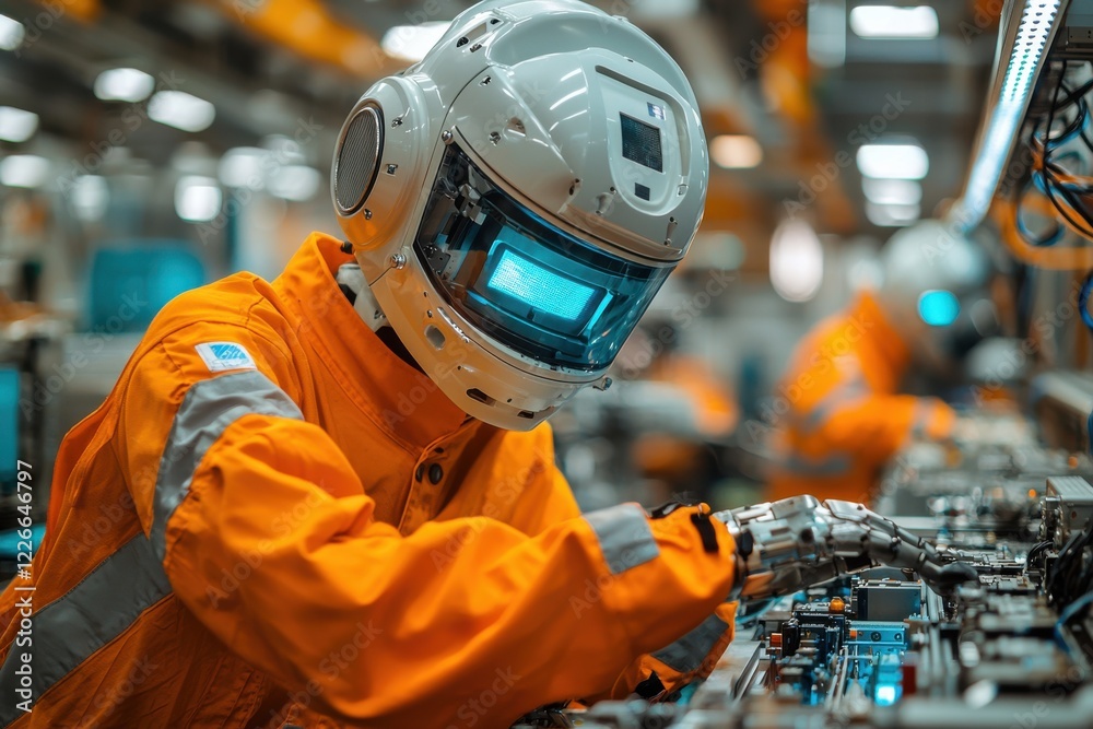 Worker in an orange jumpsuit repairs machinery in a high-tech factory during the day