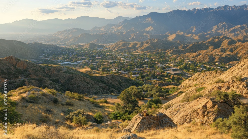 Naklejka premium Mountain town sunset vista, aerial view, desert landscape, travel brochure