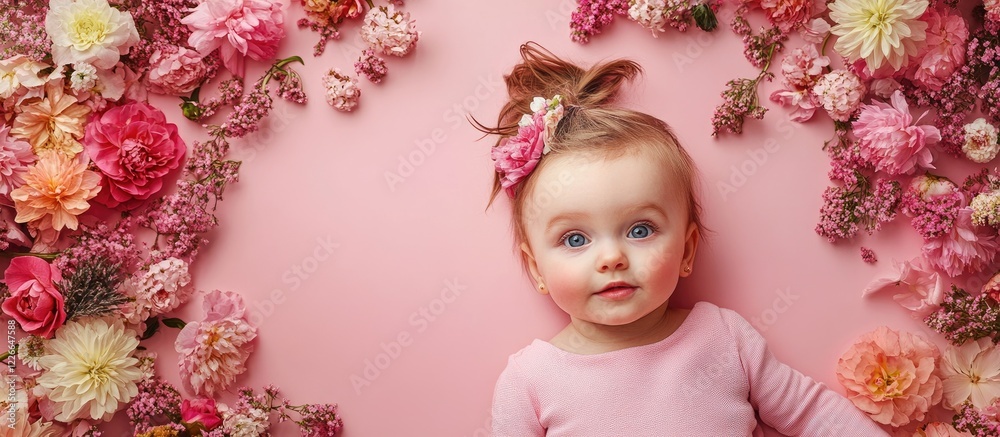Fototapeta premium Baby girl with a flower crown on a pink backdrop surrounded by vibrant pink and peach flowers capturing childhood innocence and joy