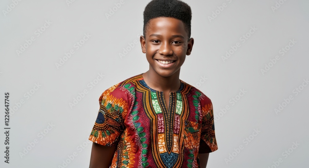 Young african boy smiling in colorful traditional clothing against neutral background