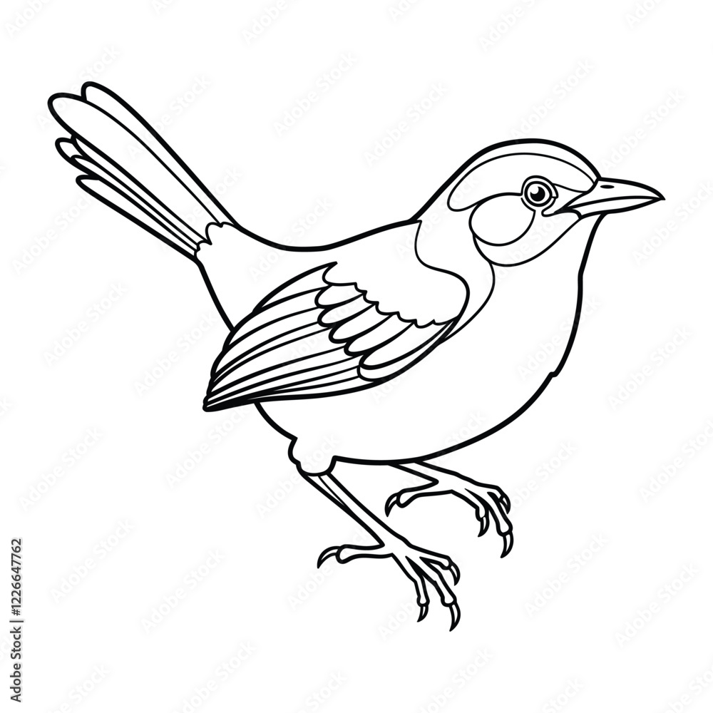Fototapeta premium Happy Abbott's babbler little bird line art silhouette illustration.