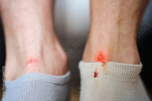 rubbed male heels. bloody calluses from uncomfortable shoes. the correct selection of shoes, a remedy for calluses, ways to stretch shoes.