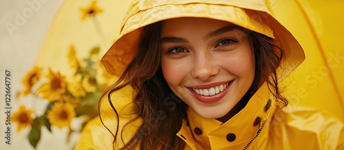 Close up portrait of a smiling woman in a bright yellow raincoat with vibrant sunflowers in soft focus background showcasing joyful expressions. photo