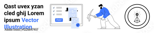 Digital payment process on screen, worker mining with pickaxe, abstract geometric eye monitor. Ideal for technology, finance, data analytics, blockchain, cybersecurity, automation abstract line flat