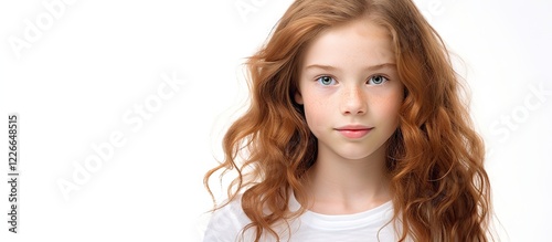 Portrait of a teenage girl with long wavy red hair wearing a white shirt on a bright white background, offering ample copy space on the left side. photo