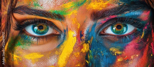 Close up of vibrant painted face of a woman at Holi festival with blue and yellow colors around bright green eyes highlighting celebration spirit