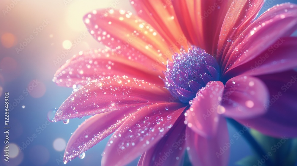 Obraz premium High-resolution shot of a vibrant flower with multiple water droplets scattered across its petals, creating a sparkling effect against a soft background.