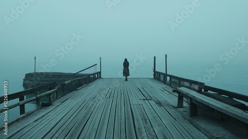 Cinematic Portrait of a Woman Standing on an Old Pier, Gazing at an Empty Sea in a Cold, Foggy Atmosphere