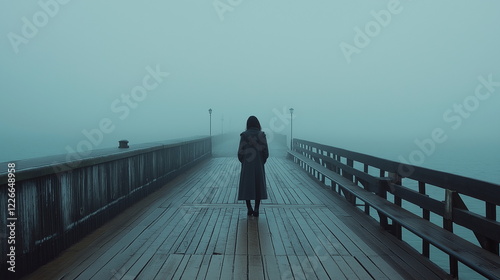 Cinematic Portrait of a Woman Standing on an Old Pier, Gazing at an Empty Sea in a Cold, Foggy Atmosphere