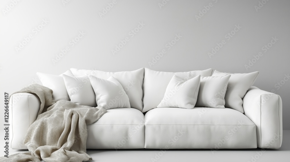 Single white sofa with pillows and blanket against blank wall with copy space. Minimalist home interior design of modern living room. Single white sofa with pillows and blanket against blank wall with copy space. Minimalist home interior design of modern living room.
