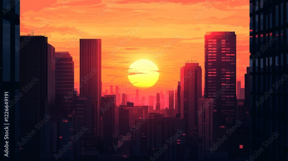 High-resolution view of a sunset framed by the silhouette of tall buildings, with the sky painted in hues of orange and pink and the sun partially hidden behind the skyline. High-resolution view of a sunset framed by the silhouette of tall buildings, with the sky painted in hues of orange and pink and the sun partially hidden behind the skyline.
