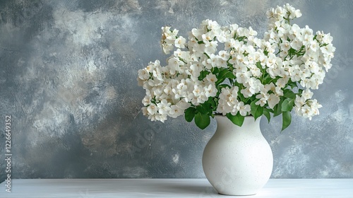 White blossoms in a vase against a textured gray background on a white table surface