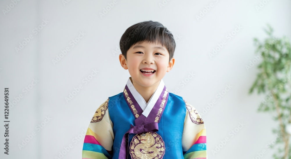 Cheerful asian child in traditional korean hanbok celebrating cultural heritage Cheerful asian child in traditional korean hanbok celebrating cultural heritage
