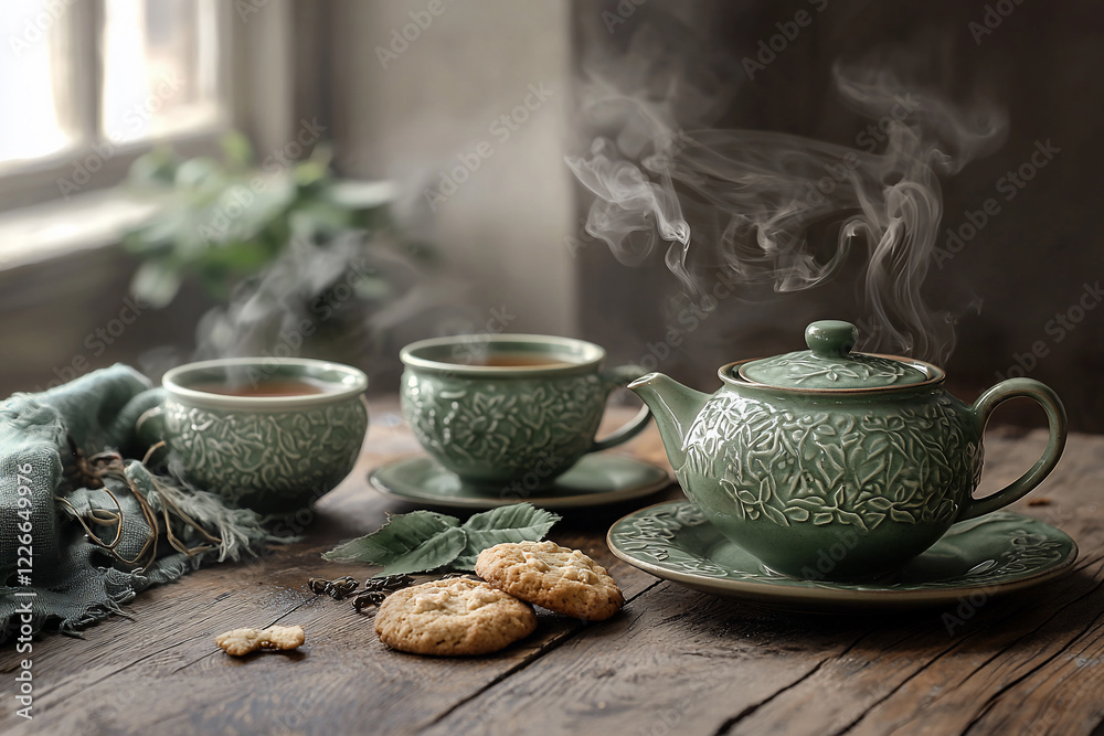 Serene tea time scene with steaming cups and teapot on a rustic wooden table, surrounded by cookies and greenery Serene tea time scene with steaming cups and teapot on a rustic wooden table, surrounded by cookies and greenery