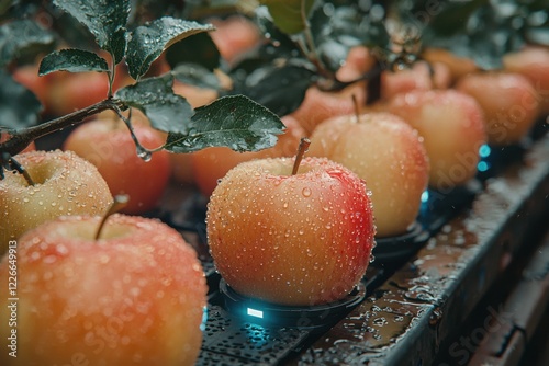 Freshly harvested apples glisten with moisture in an orchard following a recent rain shower during the fall season photo