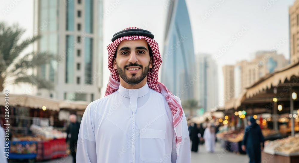 Middle eastern young adult male in traditional attire at urban outdoor market with modern architecture