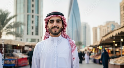 Obraz na płótnie Middle eastern young adult male in traditional attire at urban outdoor market with modern architecture w salonie