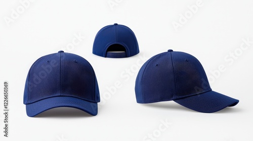 Three hats displayed on a white background including a blue baseball cap mockup in angled views