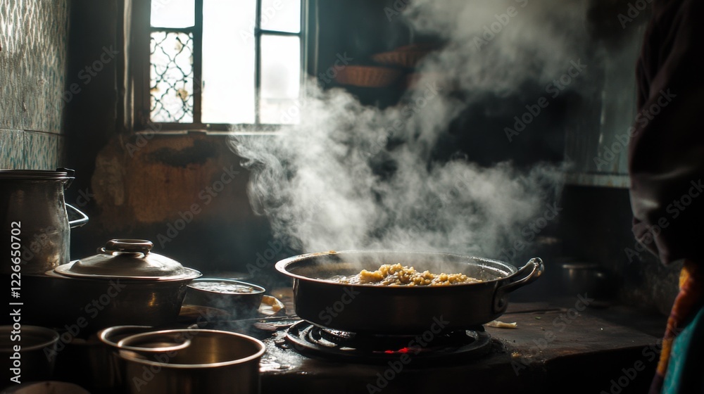 Stirring hot curry in a pot, with steam and rich spices filling the air, traditional kitchen setup Stirring hot curry in a pot, with steam and rich spices filling the air, traditional kitchen setup