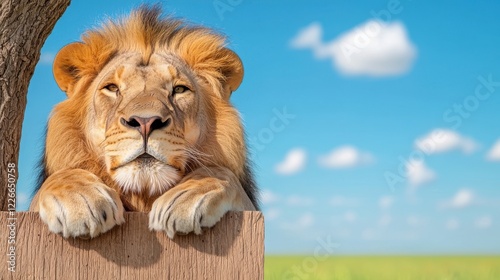 Majestic African Lion Resting on Wooden Fence Against a Sunny Sky